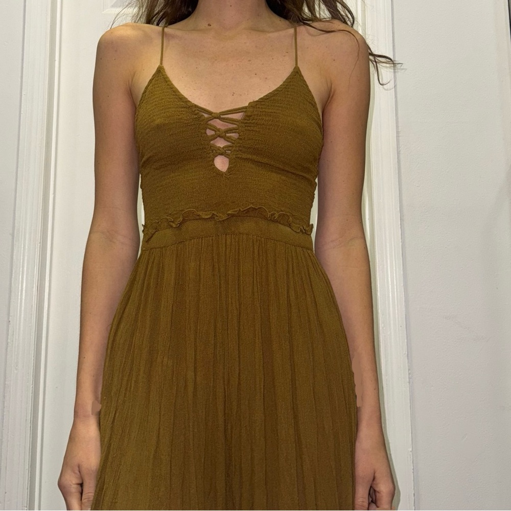Caramel Mustard Brown Lace-Up Midi Dress 🌾 Boho Western Vibe